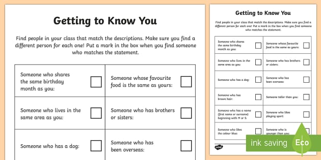 Getting to Know You Worksheets/Worksheet (teacher made)