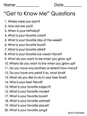 Printable Get to Know Me Questions Worksheets &  List PDF Packet ...