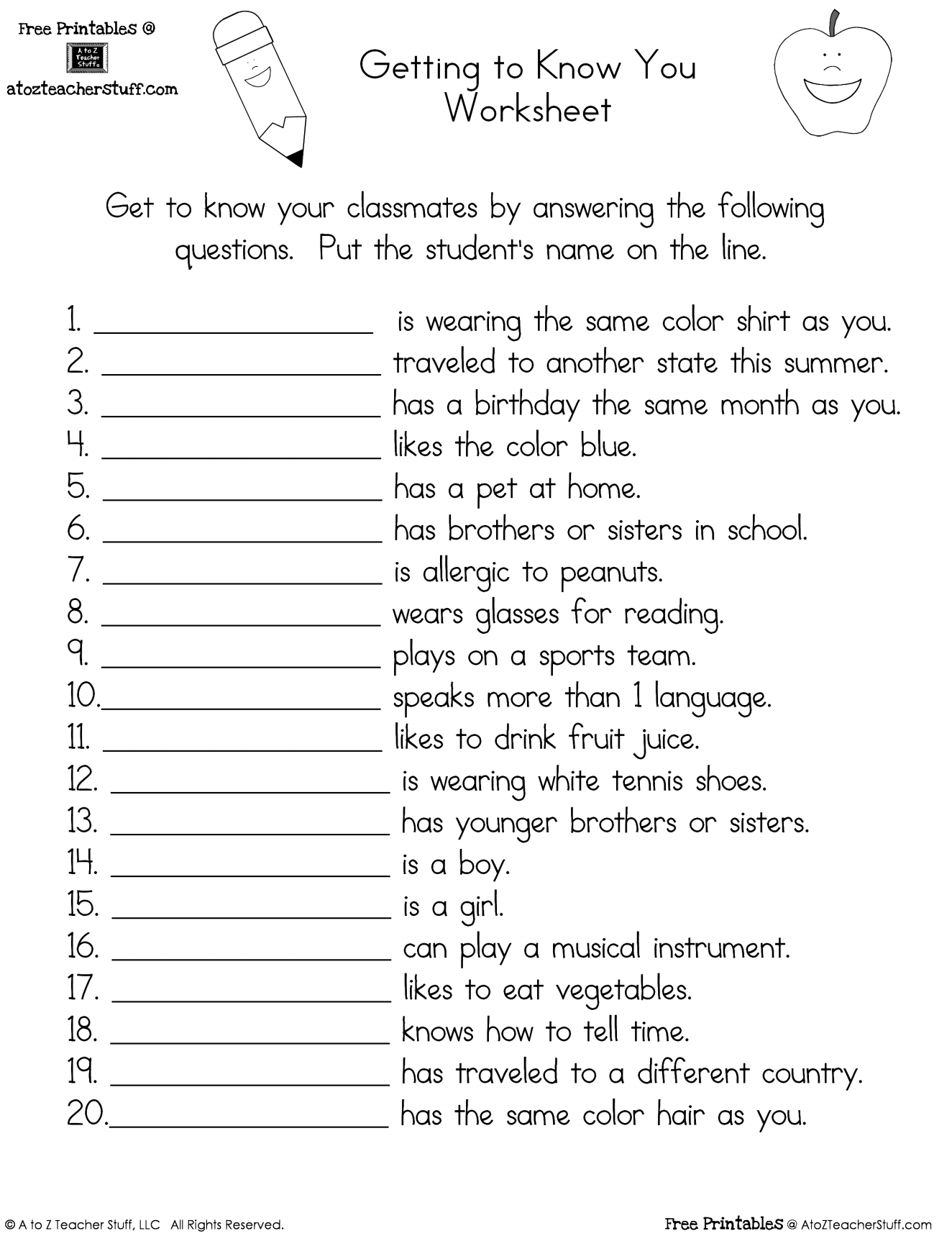 Getting to Know You Worksheet | A to Z Teacher Stuff Printable ...