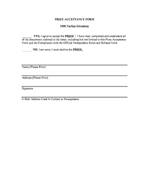 PRIZE ACCEPTANCE FORM 1000 Turkey Giveaway ... - Giant Eagle ...