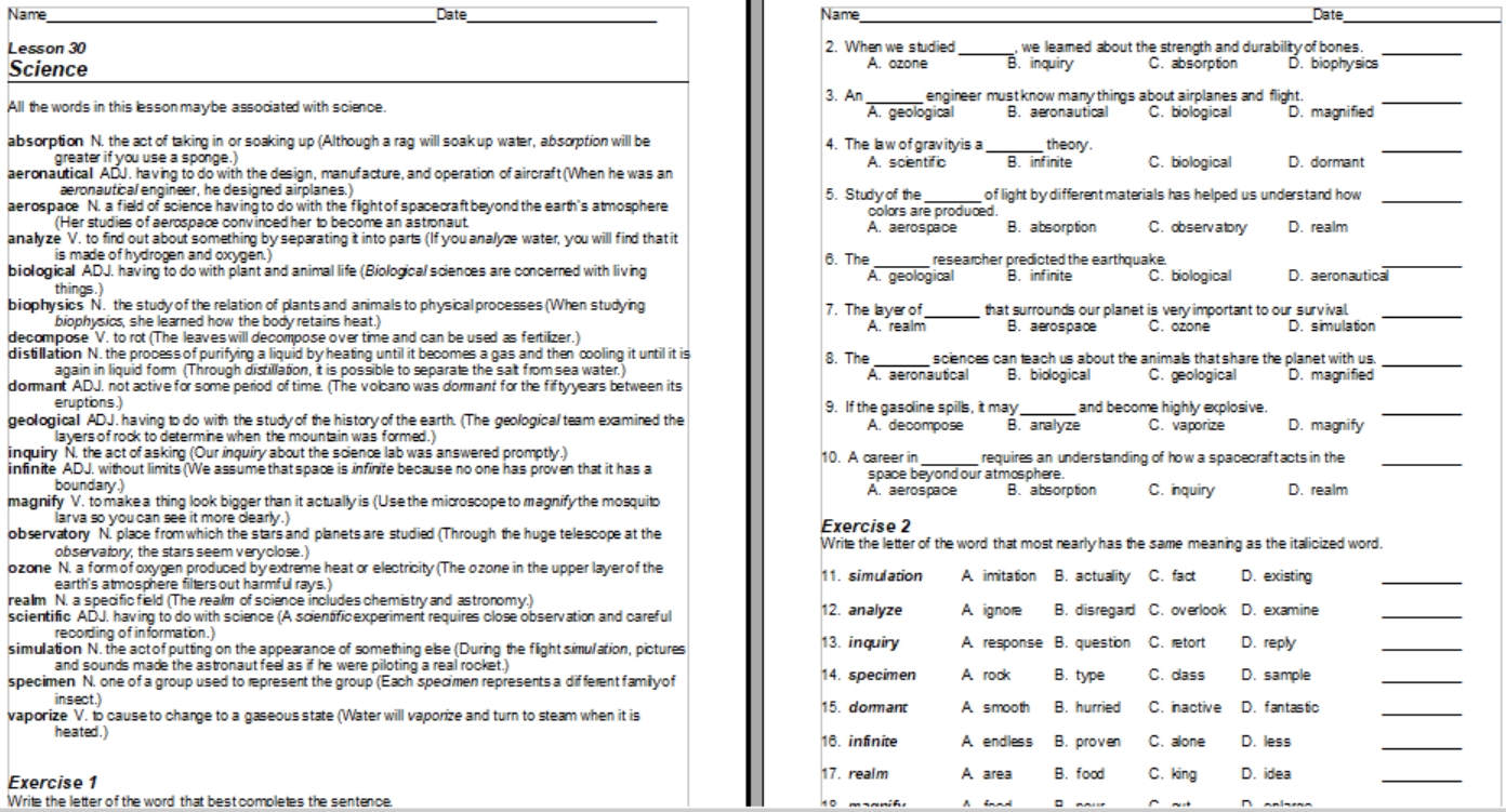 gifted vocabulary worksheet