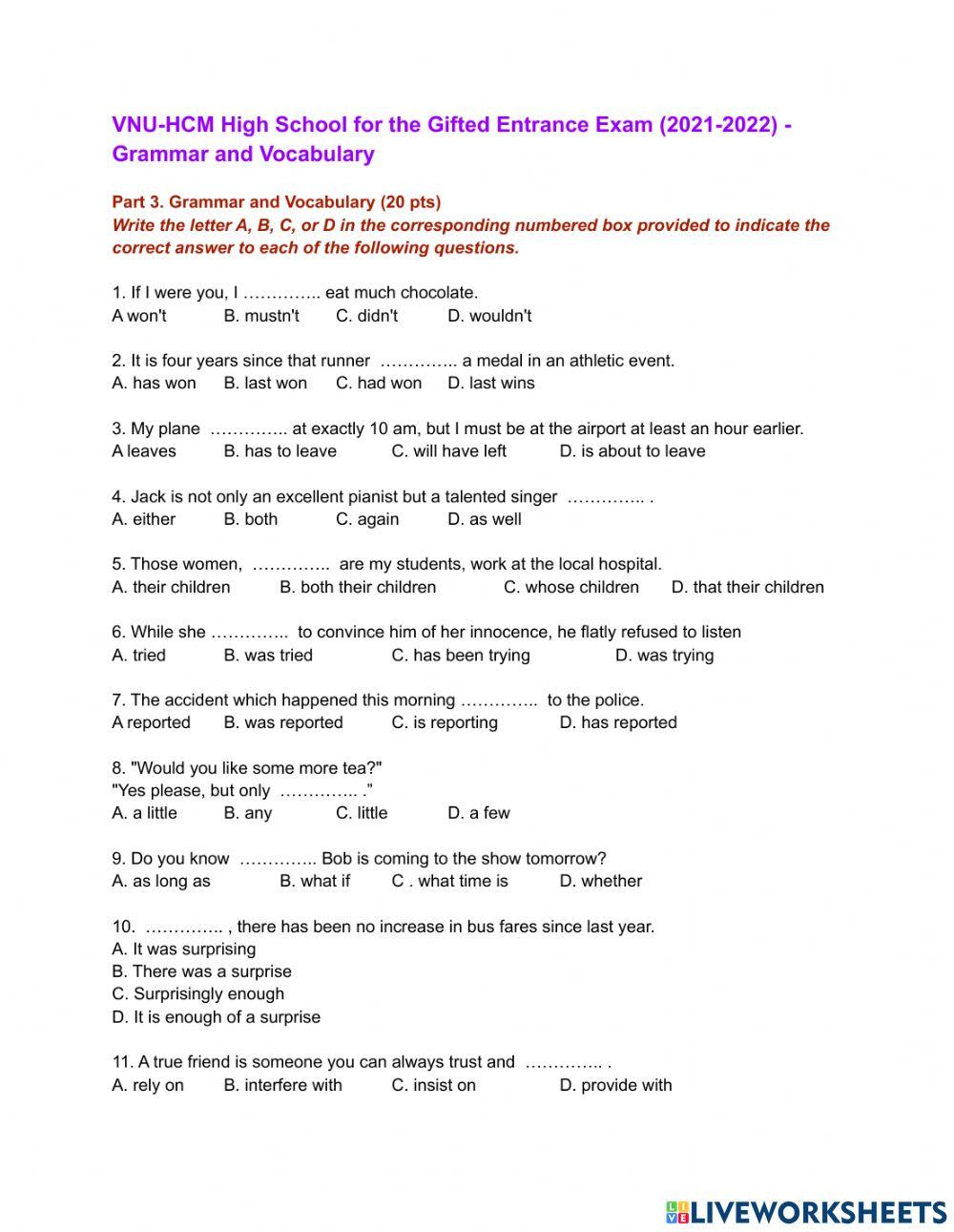 VNU-HCM High School for the Gifted Entrance Exam (2021-2022 ...