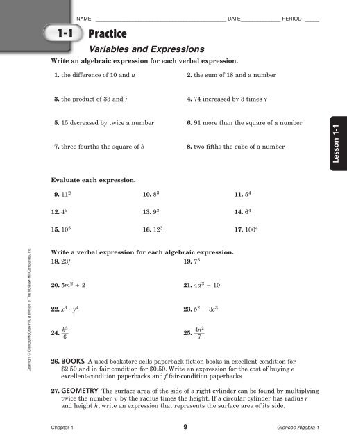 glencoe algebra 2 worksheet answers