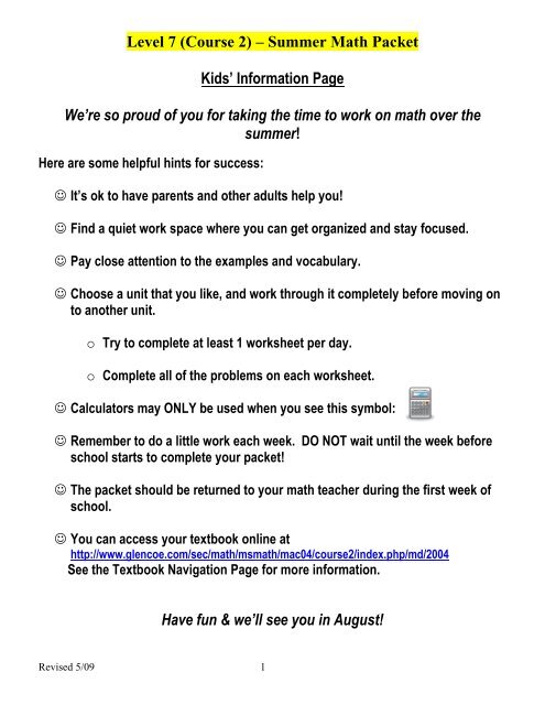 Level 7 (Course 2) - Summer Math Packet - Middletown High School
