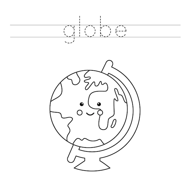 Premium Vector | Trace and color cute kawaii school globe ...