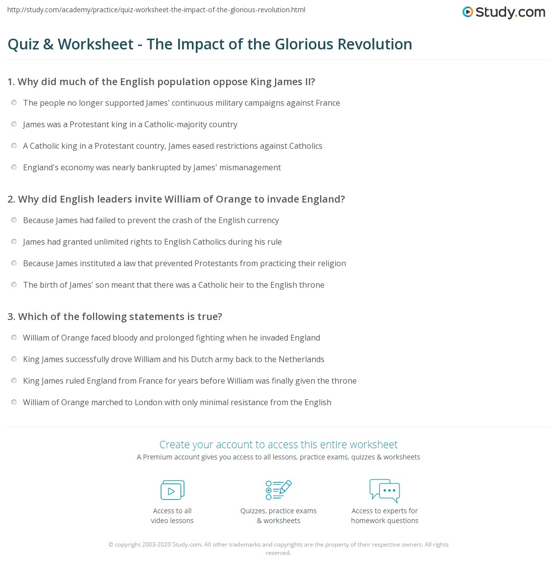 Quiz &  Worksheet - The Impact of the Glorious Revolution | Study.com