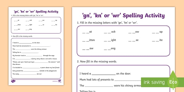 kn wr gn Silent Letters Worksheets - Spelling Activity