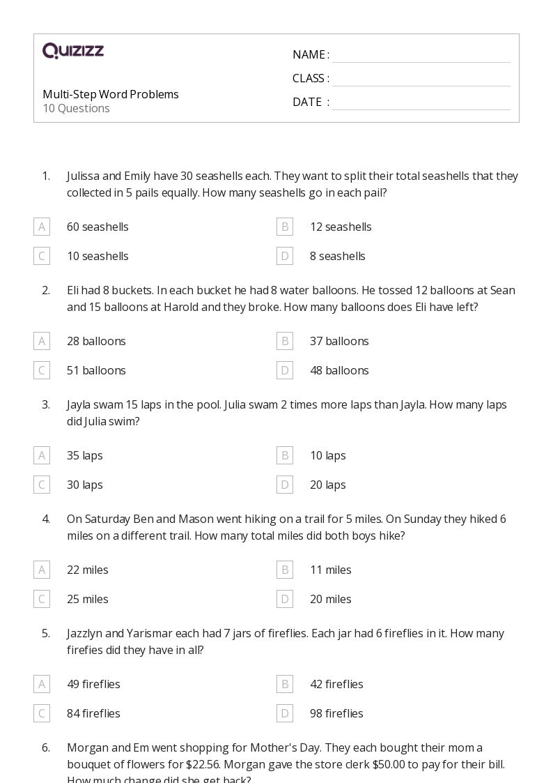 50+ Multi-Step Word Problems worksheets for 3rd Class on Quizizz ...