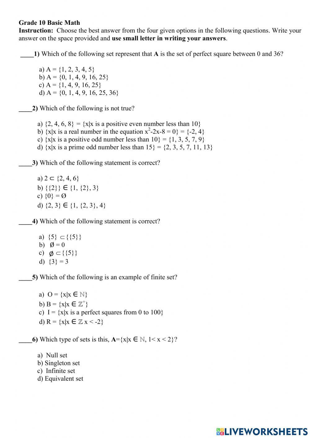 Grade 10 Math Worksheets Free Free Printable Math Worksheets 10Th 