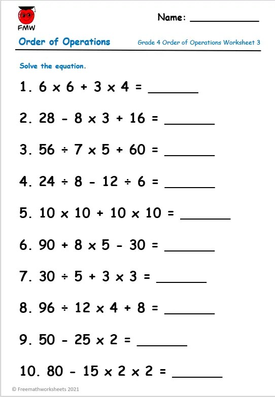 Order of Operation Worksheets | Grade 4 | Free Worksheets | Printables