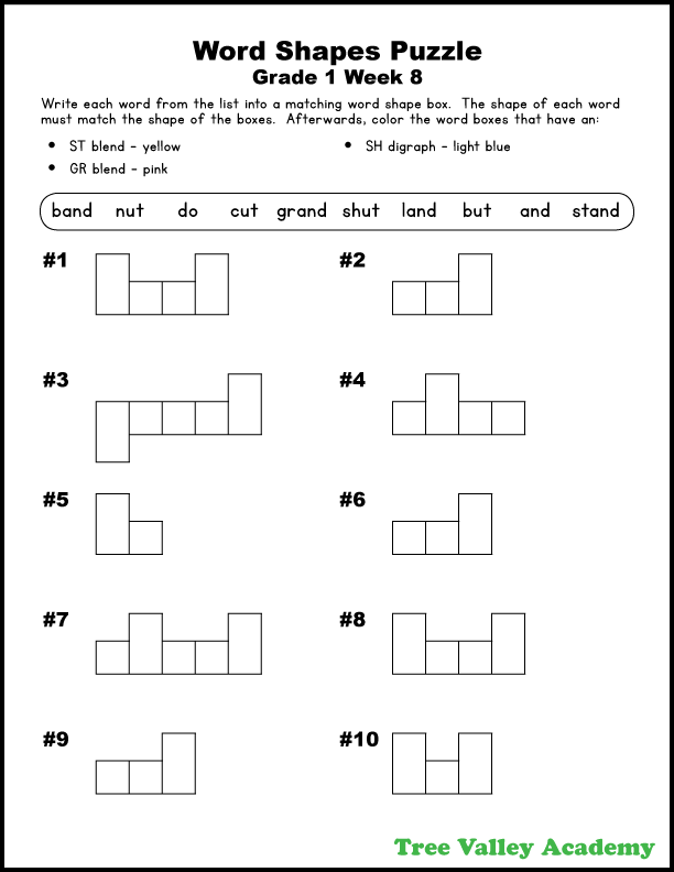 Grade 1 Word Shapes Puzzles - Tree Valley Academy