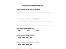 Grade 2 Language Arts Review Quiz Worksheet for 1st - 2nd Grade ...
