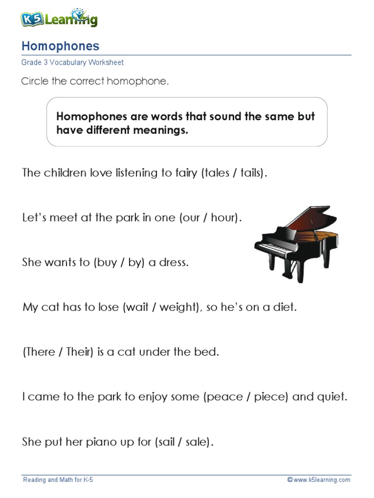 Grade 3 Homophones Worksheet | PDF