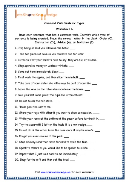 Grade 4 English Resources Printable Worksheets Topic: Command ...