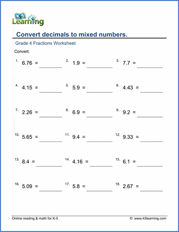 Grade 4 Math Worksheets: Convert decimals to mixed numbers | Worsheets library...