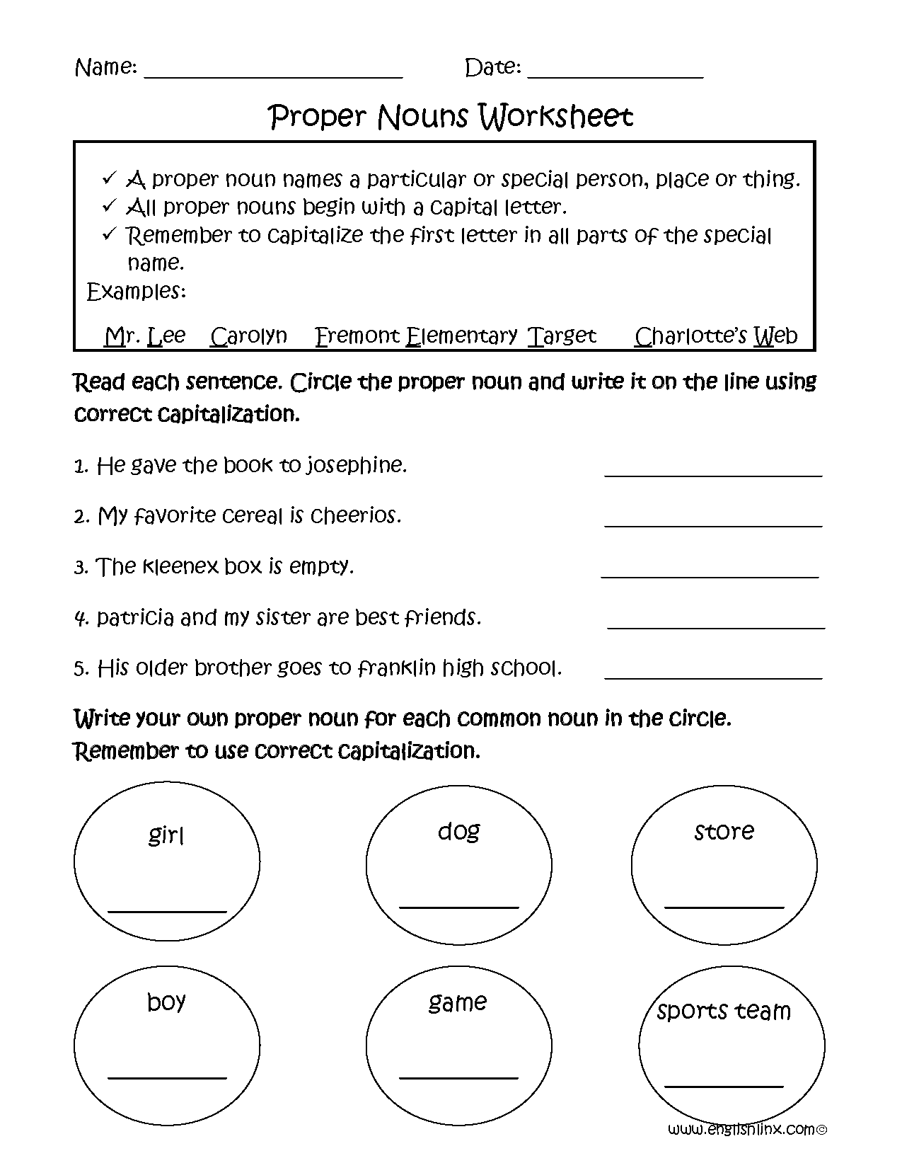 Proper and Common Nouns Worksheets Proper Nouns Worksheets Worksheets Library