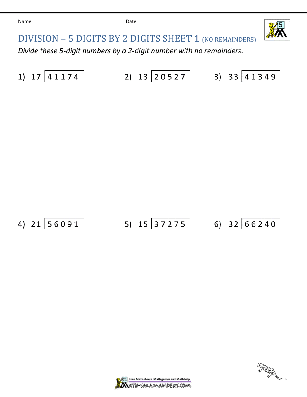 Long Division Worksheets for 5th Grade