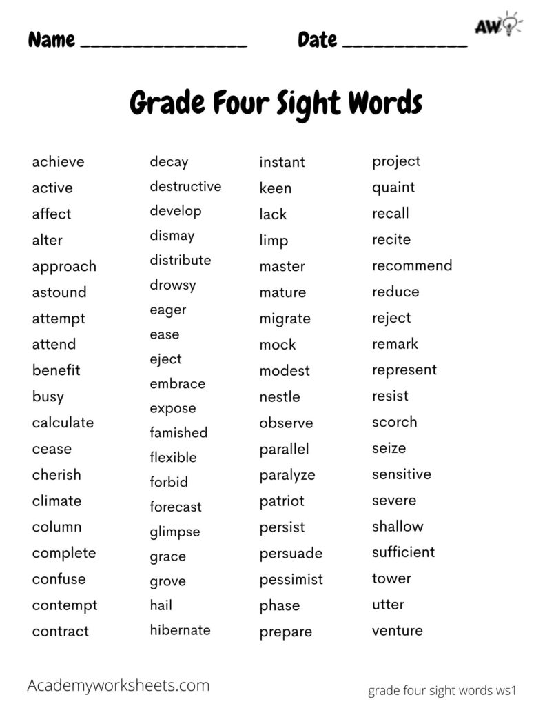Grade Four Sight Words - Academy Worksheets