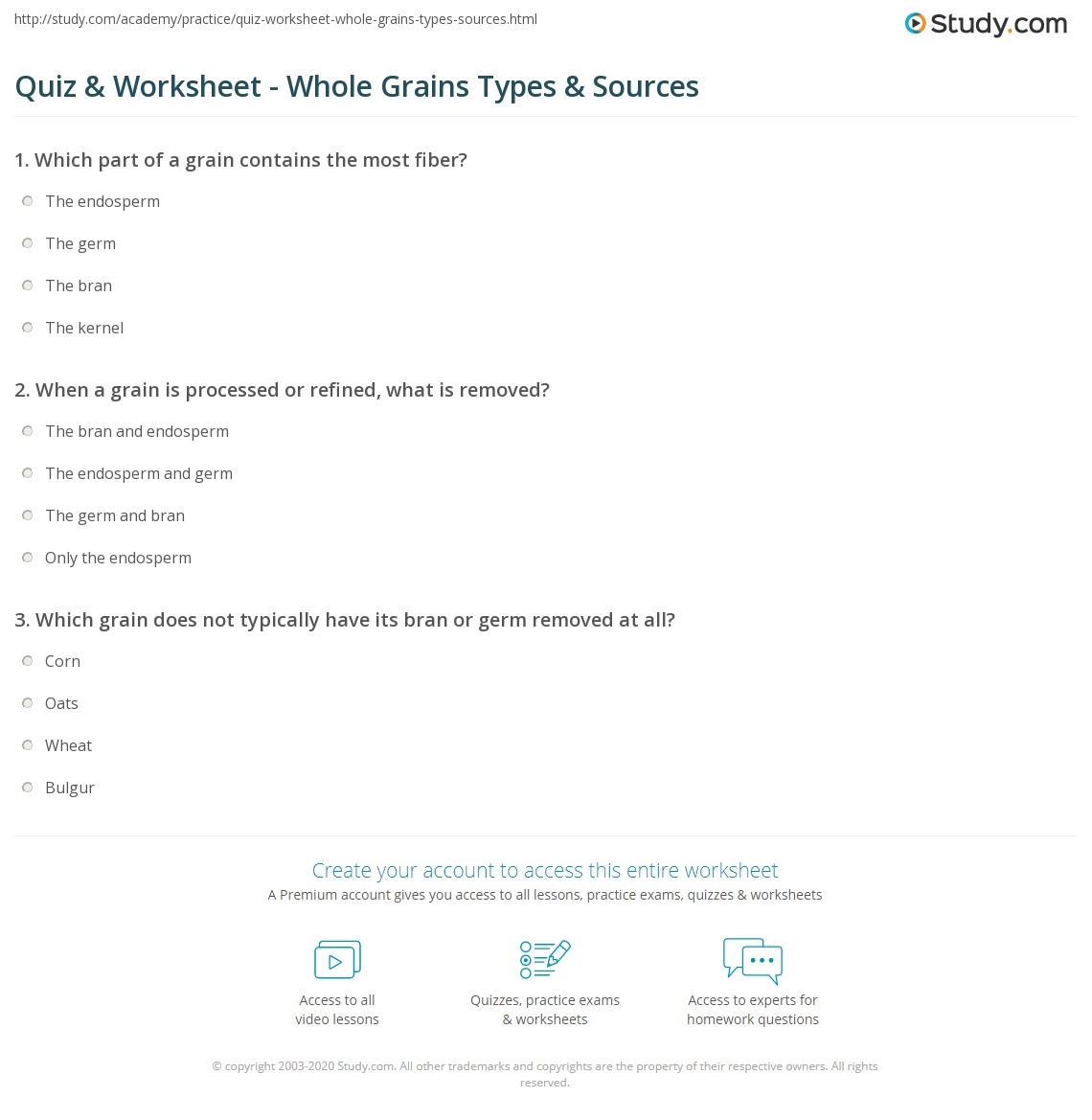 Quiz &  Worksheet - Whole Grains Types &  Sources | Study.com