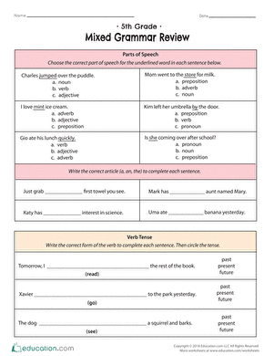 5th Grade: Mixed Grammar Review | Worksheet 