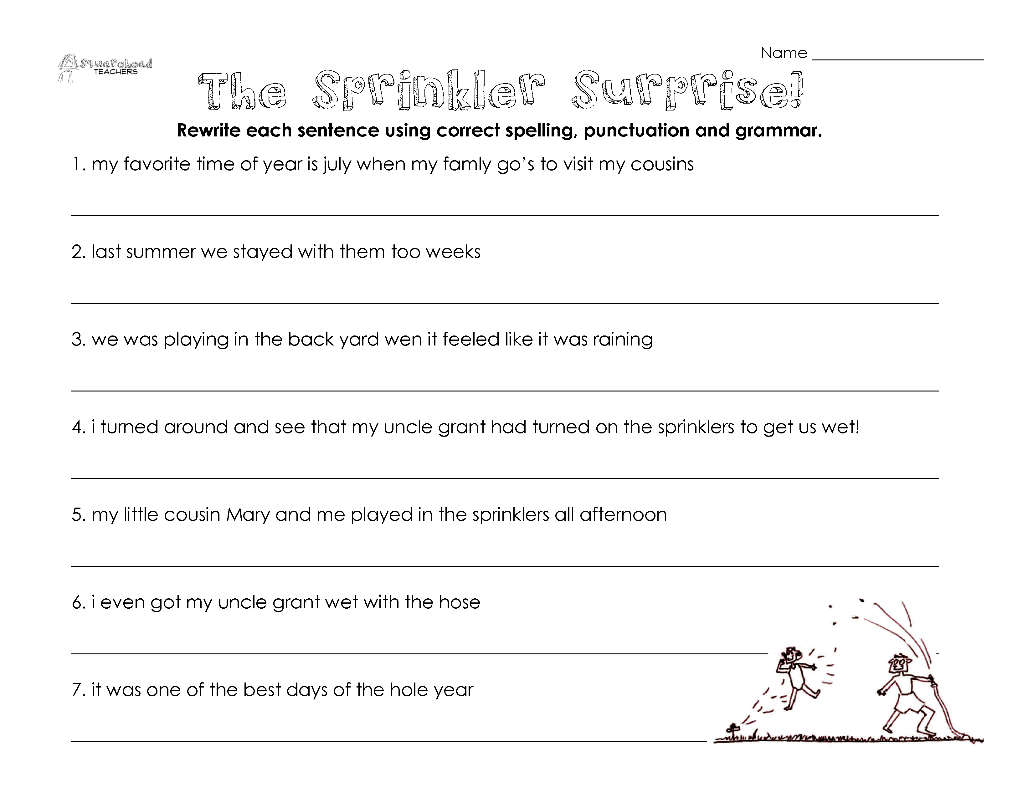 The Sprinkler Surprise (grammar worksheet) | Squarehead Teachers