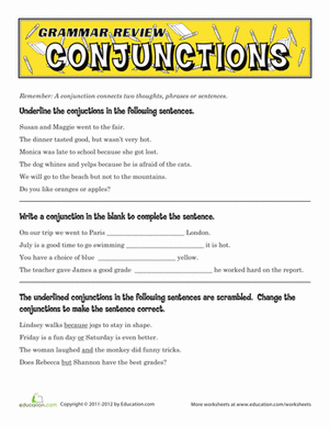 Grammar Review: Conjunctions | Worksheet 