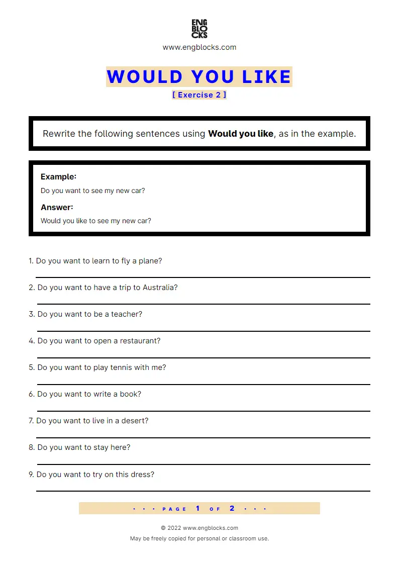 Would you like - Exercise 2 - Worksheet | English Grammar