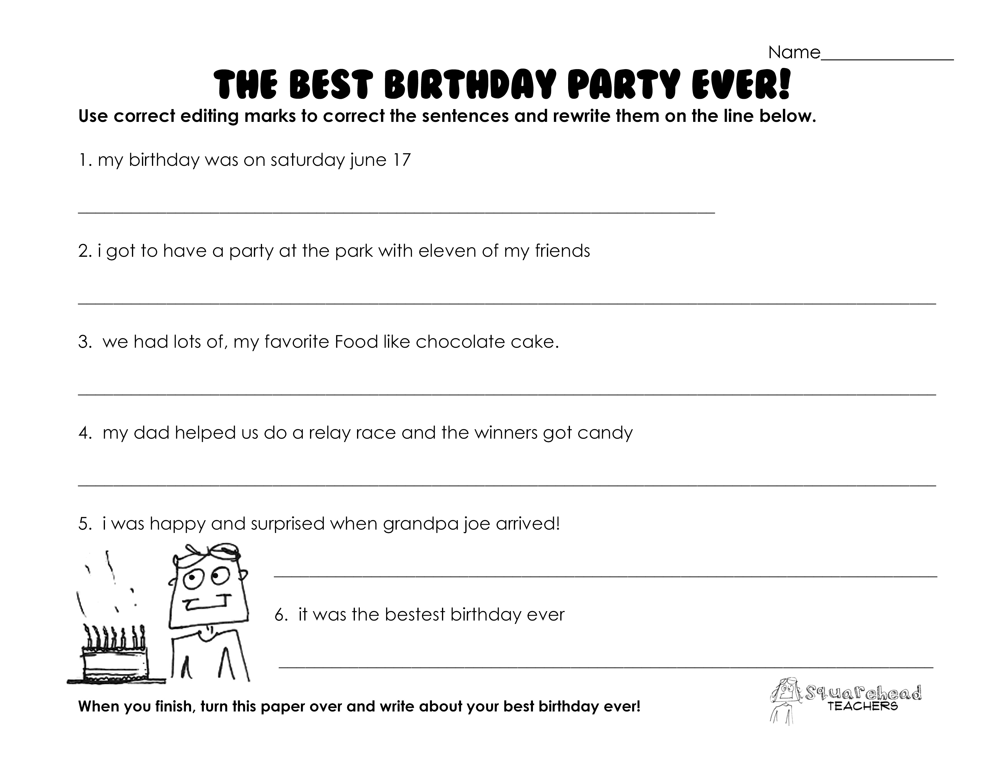 Best Birthday Party Ever (grammar practice worksheet) | Squarehead ...