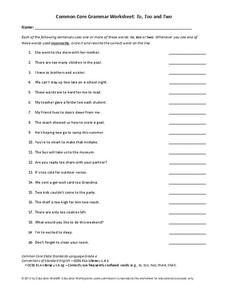 Common Core Grammar Worksheet: To, Too, and Two Worksheet for 3rd ...