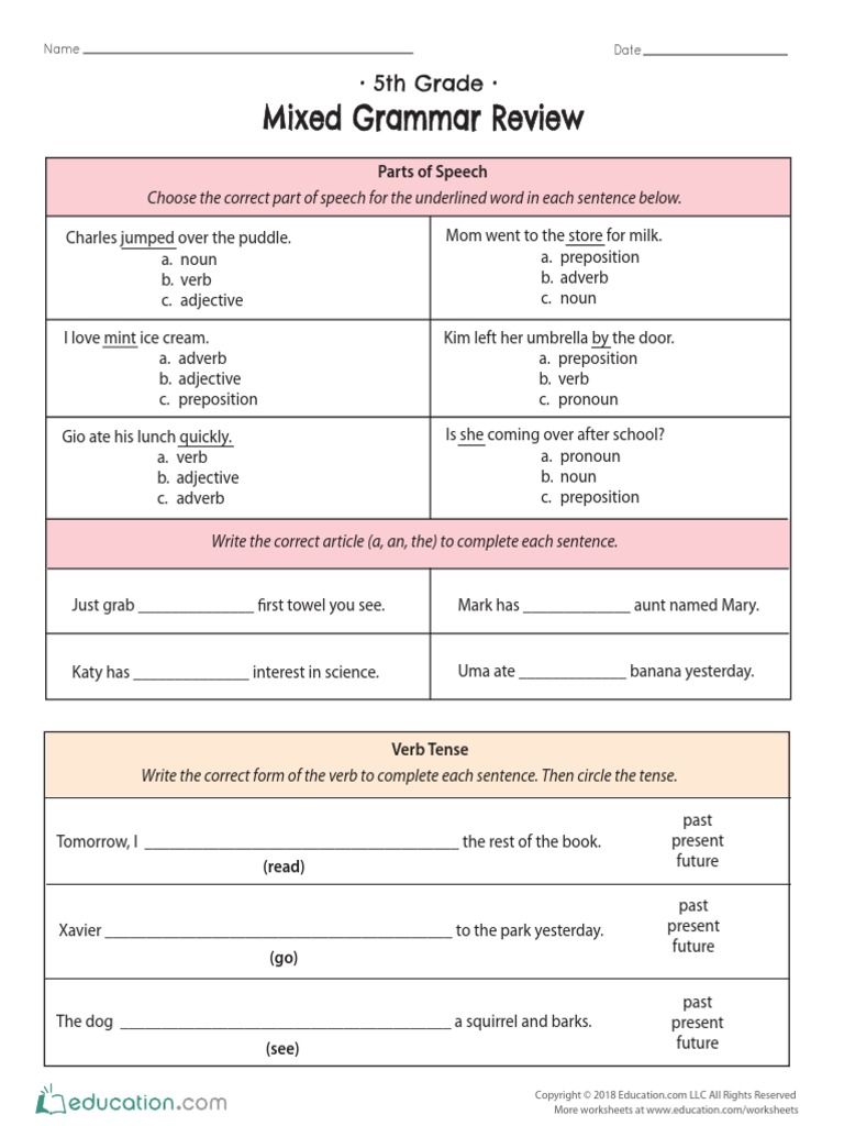 5 TH Grade Mixed Grammar | PDF | Verb | Pronoun