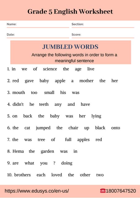 English grammar worksheet for 5th grade students | PDF