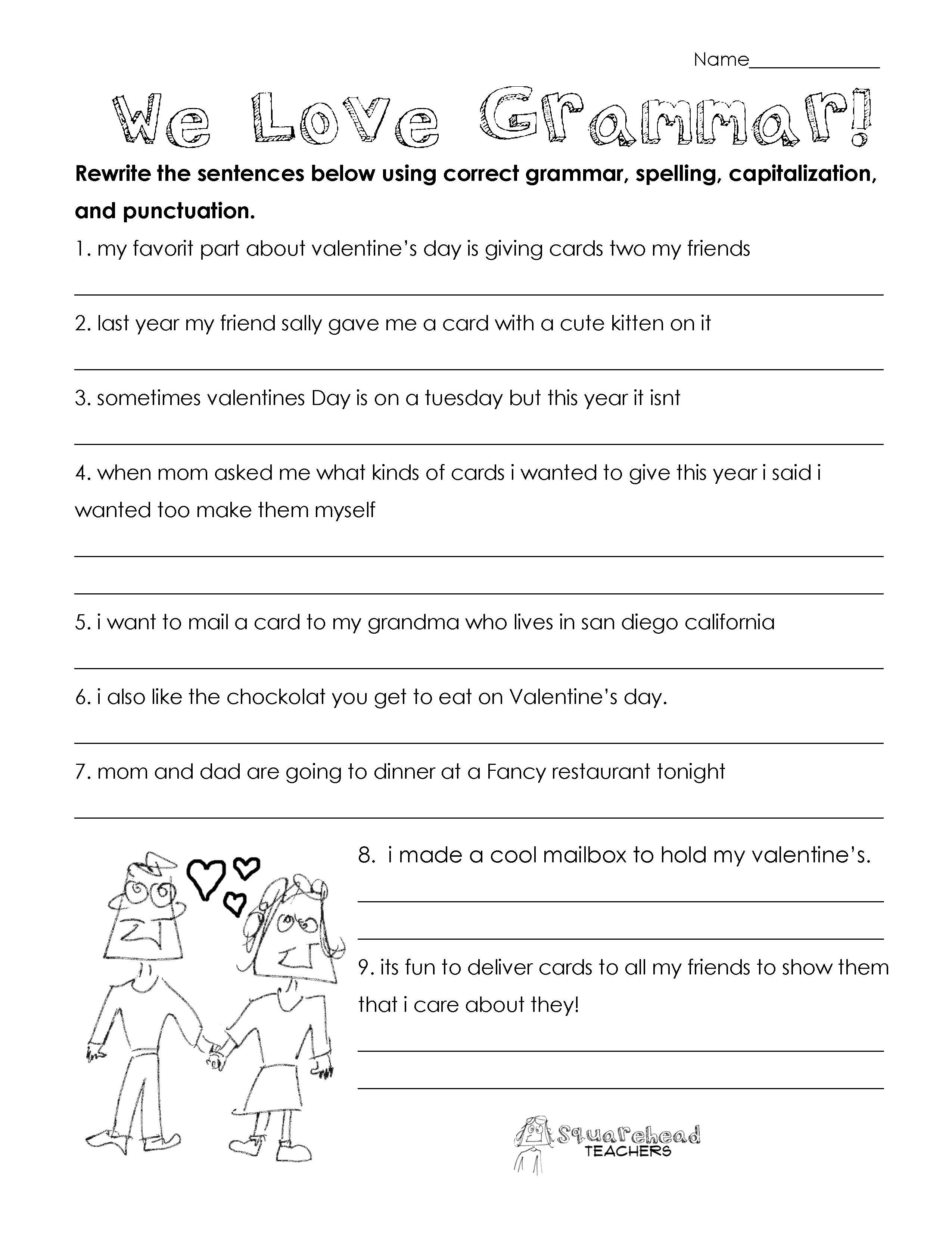 Valentines Day Grammar (free worksheet for 3rd grade and up ...
