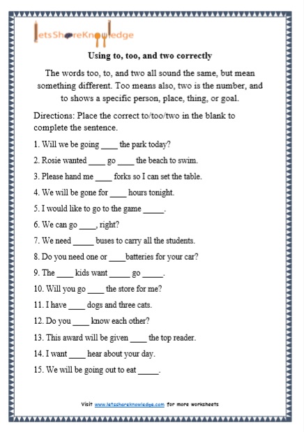 Grade 1 Grammar: Using to, too and two printable worksheets - Lets ...