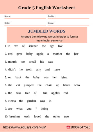 Meaningful Sentences from Jumbled Words Worksheet | PDF