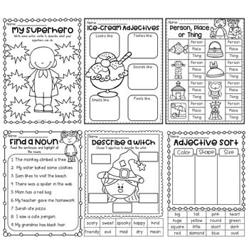 Grammar Worksheet Packet - Nouns, Adjectives and Verbs Worksheets