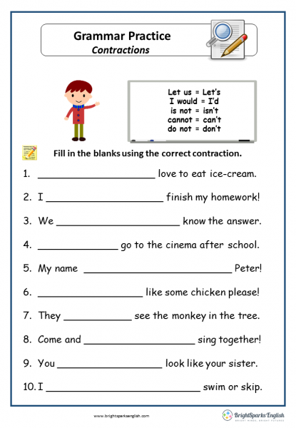 Contractions English Grammar Worksheet - English Treasure Trove