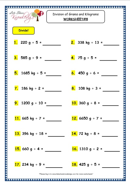 Grade 3 Maths Worksheets: (12.6 Division of Grams and Kilograms ...