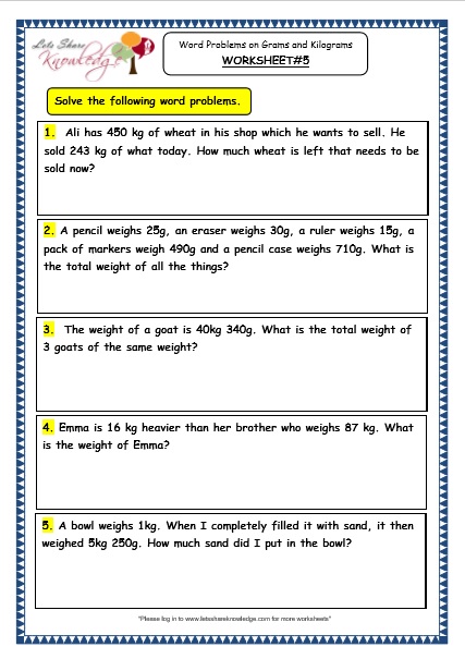 Grade 3 Maths Worksheets: (12.7 Word Problems on Grams and ...
