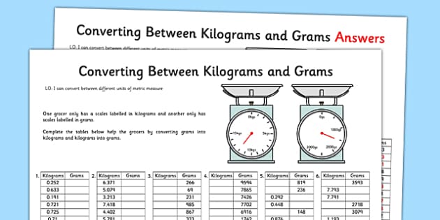 grams to kilograms worksheet