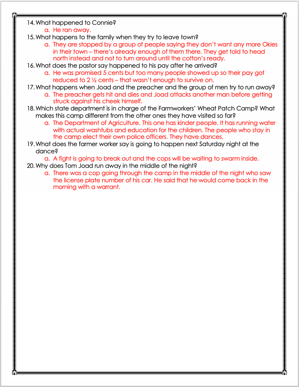 The Grapes of Wrath Movie Guide Questions Worksheet Google