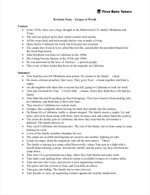 The Grapes of Wrath by J. Steinbeck Revision Worksheet — First