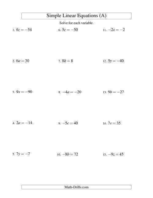 Solving Linear Equations (Including Negative Values) -- Form ax ...