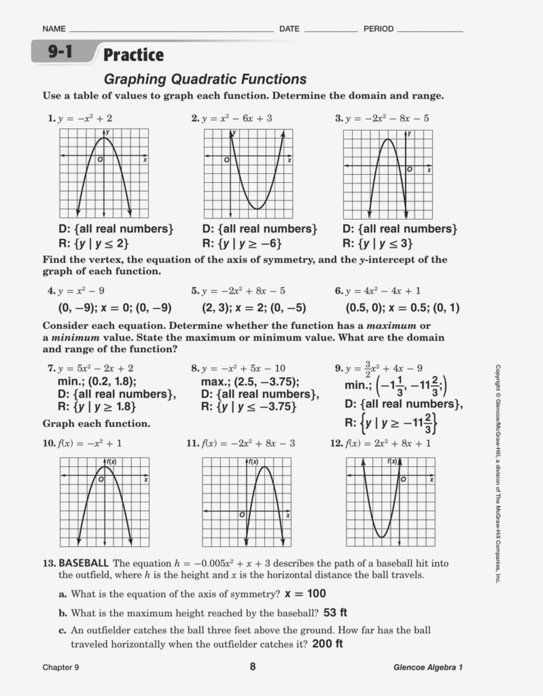 8-2 Additional Practice Quadratic Functions In Vertex Form