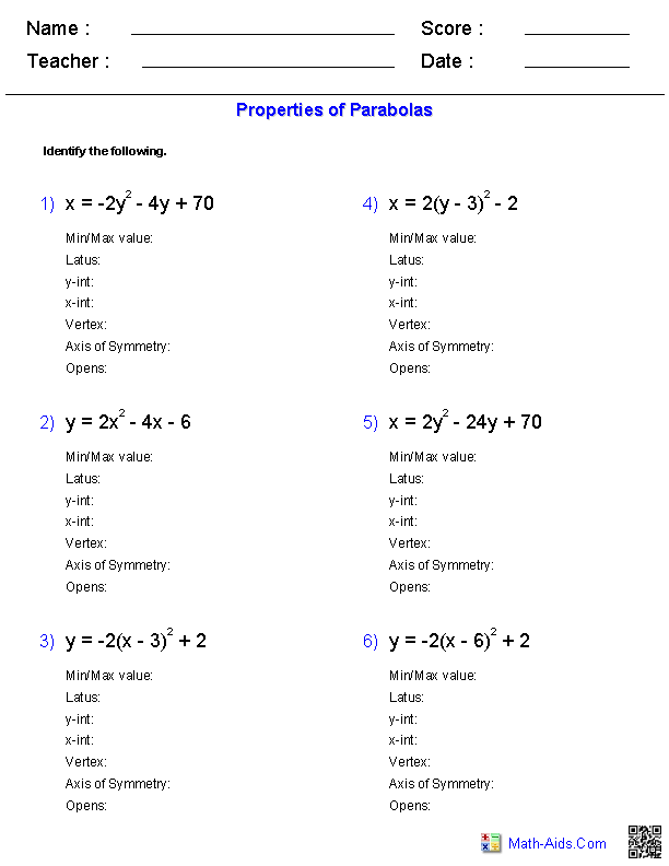 graphing quadratic functions worksheet answers algebra 2