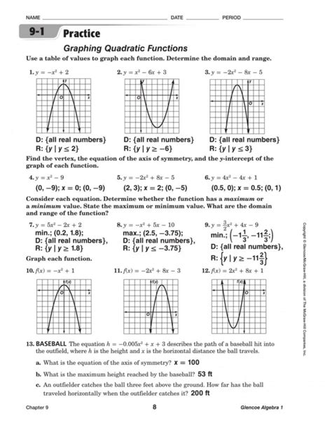 graphing quadratic functions worksheet answers