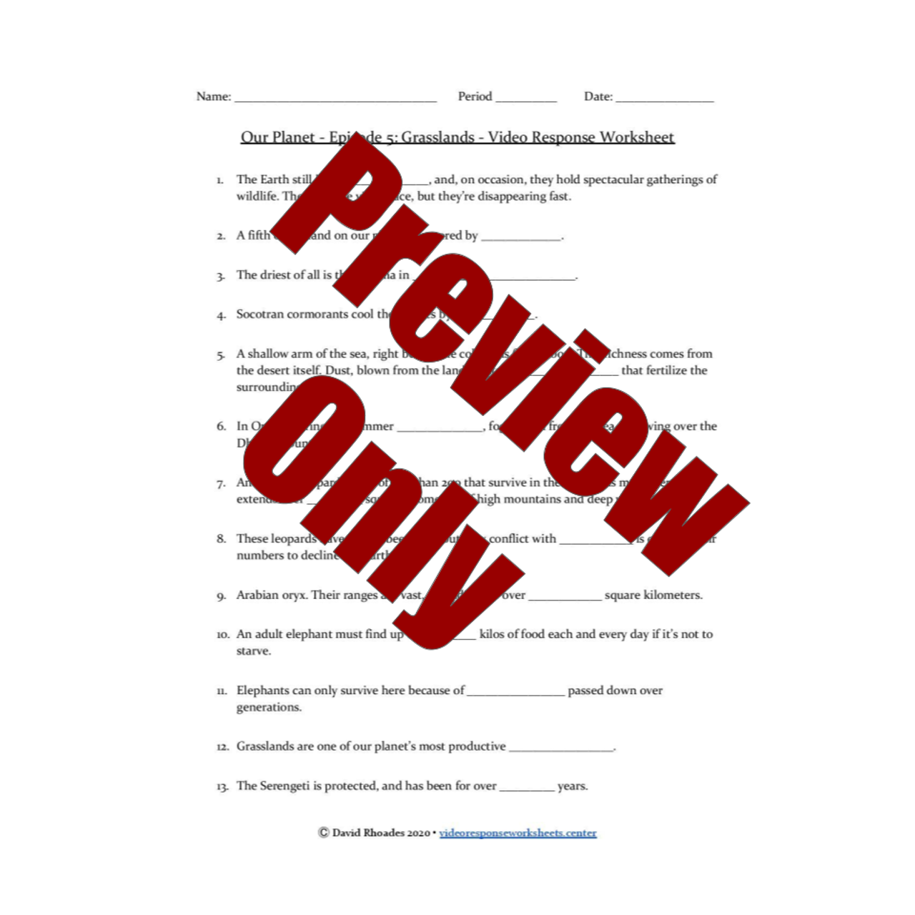 Our Planet - Episode 5 - Grasslands - Video Response Worksheet and Key