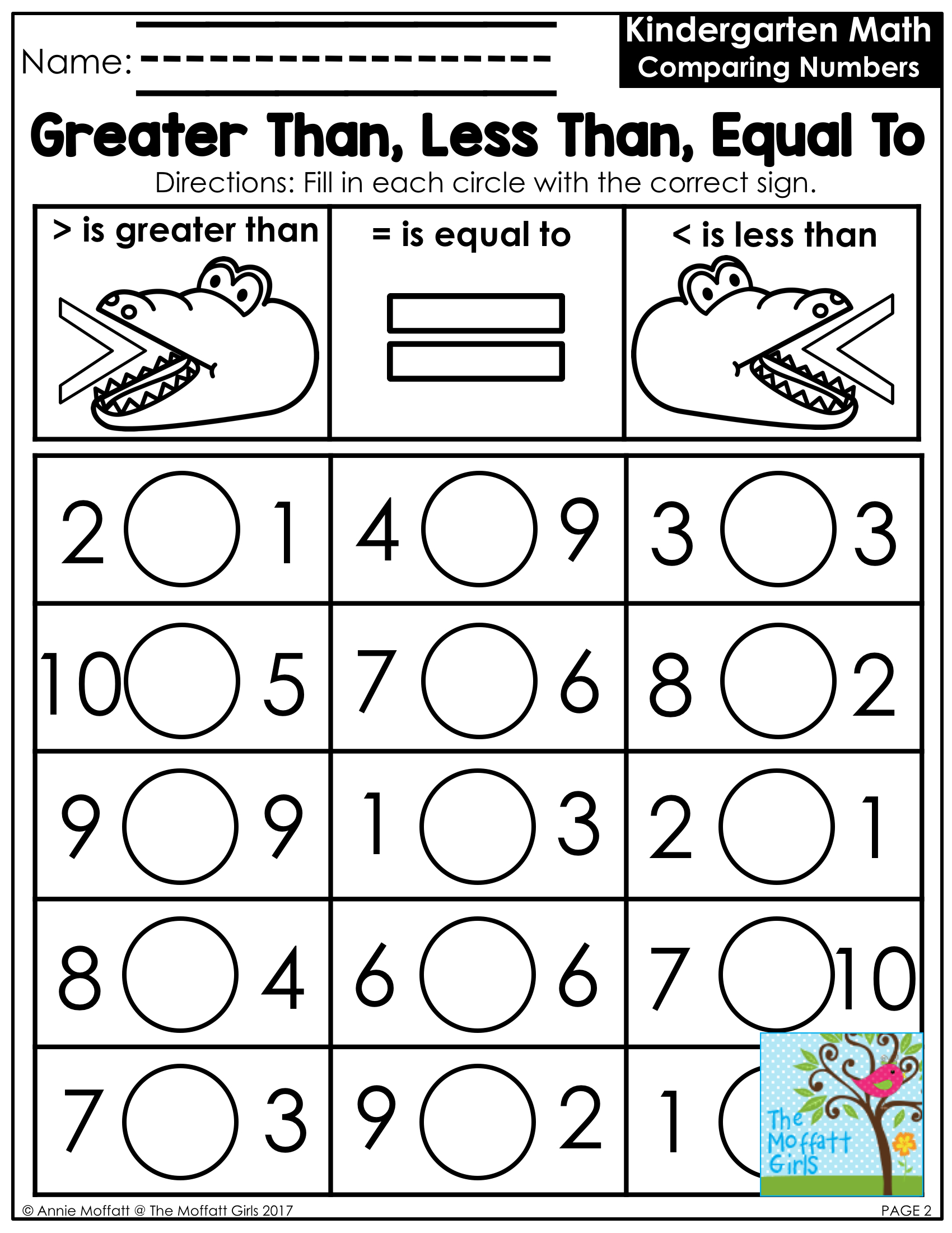 greater than less than and equal to worksheet