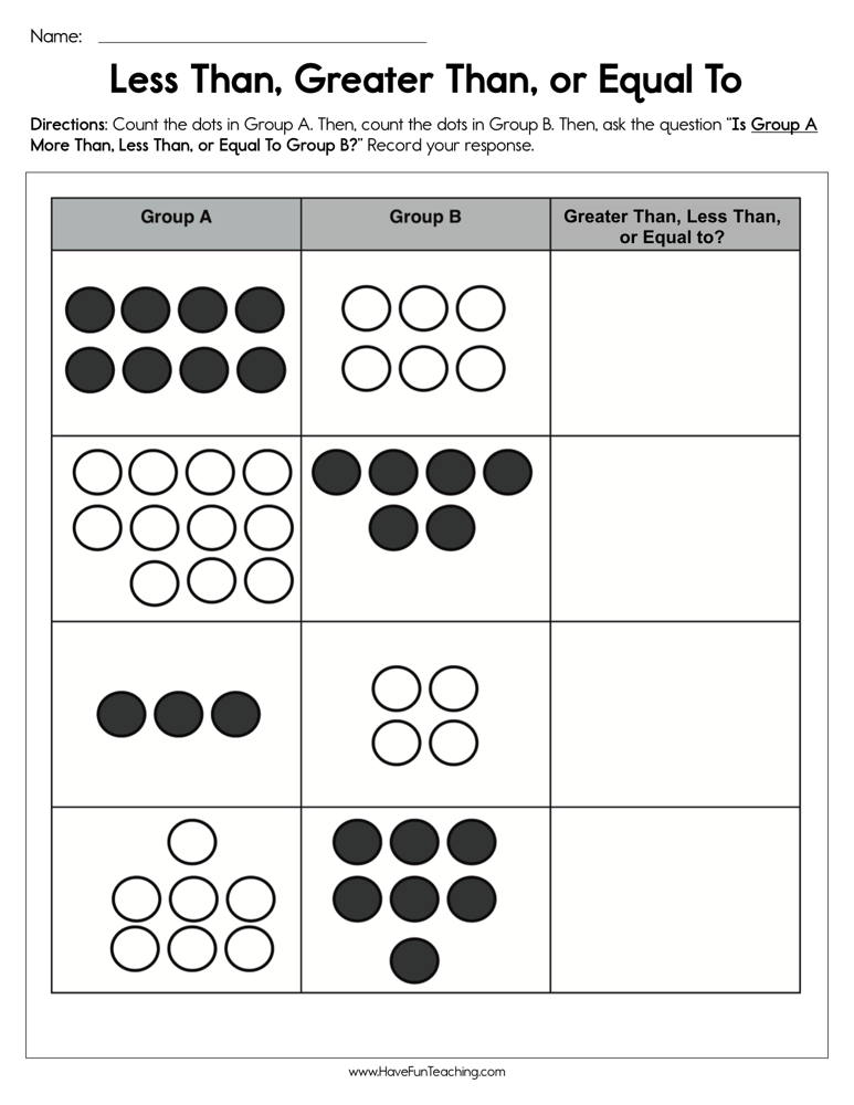 Less Than, Greater Than, or Equal To Worksheet  