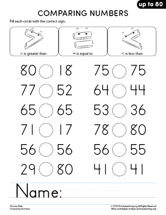 greater than less than worksheet 1st grade