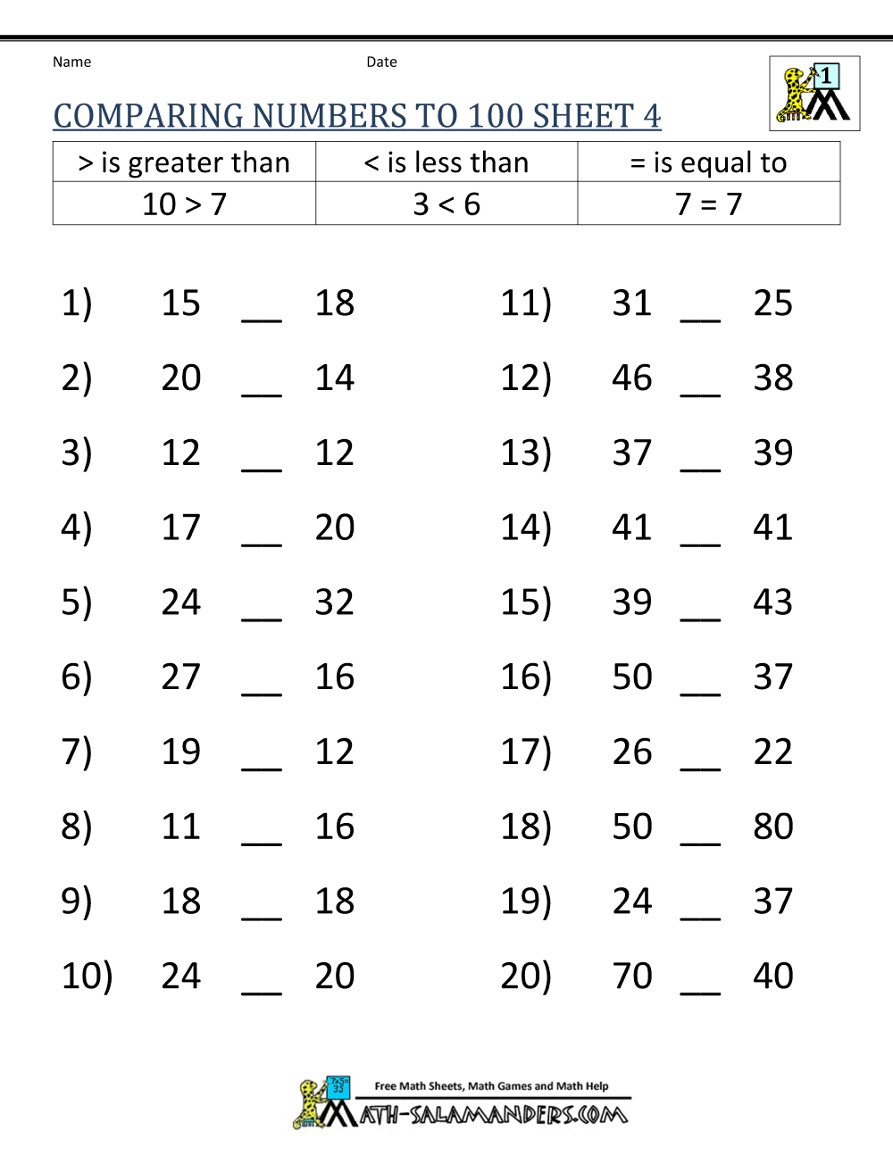 Greater than Less than Worksheet - Comparing Numbers to 100
